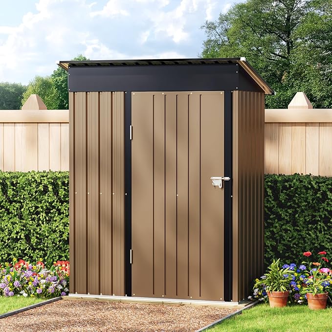 5X3FT Outdoor Steel Storage Shed with Lockable Doors, One Window,Ideal for Garden, Backyard, Patio Storage,Brown