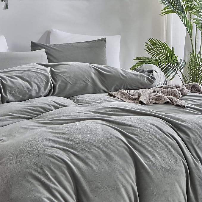Wellboo Grey Velvet Comforter Sets Full Size Women Men Solid Gray Fluffy Bedding Comforters Modern Dark Grey Plush Aesthetic Quilts Plain Gray Shaggy Dorm Blankets Minimalist Flannel Thick Sherpa Bed