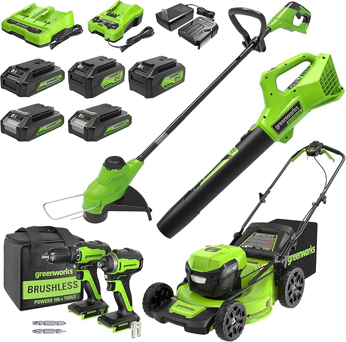 Greenworks 48V (2x24V) Electric Lawn Mower Combo Kit: 21" Self - Propelled Mower, 12" String Trimmer, 320 CFM Blower, and 1/2”Drill & 1/4”Hex Impact Driver, 5 Batteries & 3 Chargers, 3-Year Warranty