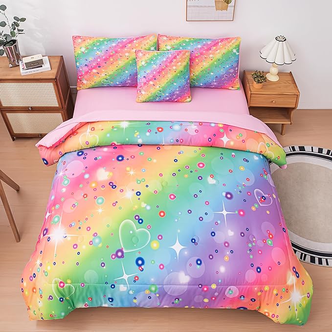 Girls Comforter Sets Queen, Girls Queen Rainbow Bedding, 6 Pcs Bed in a Bag Queen, Kids Princess Comforter Set for Girls(1Comforter, 1Flat Sheet, 1Fitted Sheet, 1 Pillow Cover, 2Pillowcases)