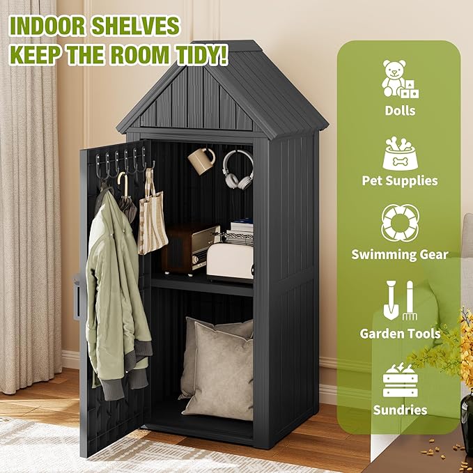 Outdoor Storage Shed – Durable Resin with Sloping Roof and Lockable Door, Waterproof Storage Cabinet with Ample Space, Multiple Hooks for Backyard, Garden, Patio & Lawn Black