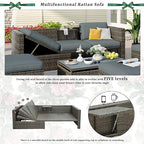 5 Pieces Outdoor Patio Sectional Sofa Couch, PE Wicker Furniture Conversation Sets with Adustable Backrest & Washable Cushions & Ottomans & Glass Coffee Table for Garden, Poolside, Backyard