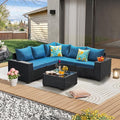 6 Pieces Patio Furniture Set All-Weather Outdoor Wicker Sectional Conversation Sofa Rattan Patio Seating Sofa with Cushion and Glass Table for Porch Poolside,Peacock Blue