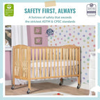 Folding Full Size Convenience Crib In Natural, Two Adjustable Mattress Height Positions, Comes With Heavy Duty Locking Wheels, Flat Folding