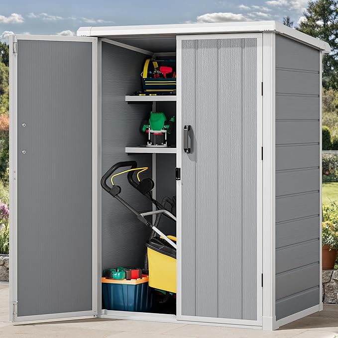 DWVO 60 Cuft Outdoor Tall Storage Shed with 2 Shelves, Weatherproof Vertical Tool Shed with Floor & Lockable Doors, Sturdy Double-Wall Plastic Cabinet for Garbage Cans and Garden Equipment (Gray)