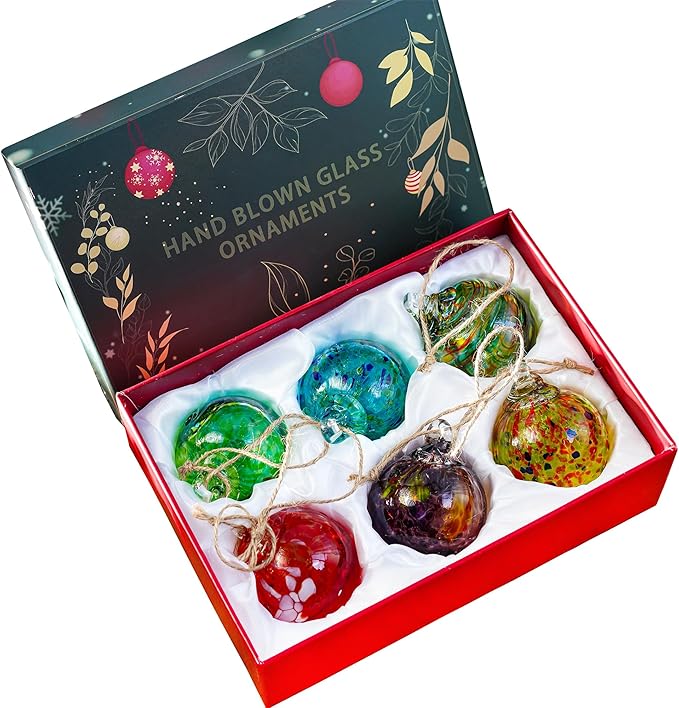 QFkris 6 Pack Hand Blown Glass Ornament for Christmas Tree, 2.3" Hanging Gazing Ball Witch Balls Glass Friendship Gift for Indoor Window Garden Outside Home Decor for Women