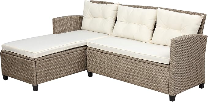 4 Piece Outdoor Patio Furniture Set, Sectional Conversation All-Weather Grey PE Wicker w/Seat Cushions for Backyard Porch Garden Poolside Balcony, Onesize, Ob-Beige