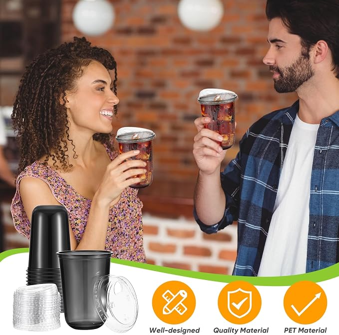 Ziliny 50 Sets Clear Plastic Coffee Cups with Sip Lids, Disposable Plastic PET Crystal Cups for Iced Coffee, Smoothie, Cold Beverage, Drink Shops and Party Catering(Clear Black,16 oz)