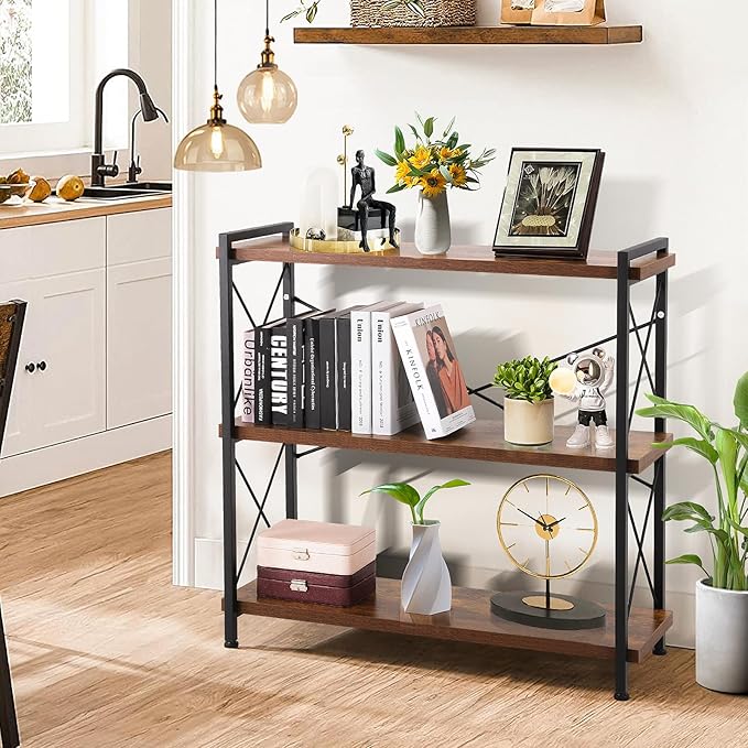 Industrial Bookshelf,Rustic Open Shelf Bookcase,3 Tier Book Shelf for Bedroom Office Living Room,Small Bookshelf for Small Spaces with Metal Frame