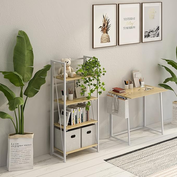 4NM No-Assembly Folding Bookshelf Storage Shelves 4 Tiers Vintage Bookcase Standing Racks Study Organizer Home Office (Natural and White)