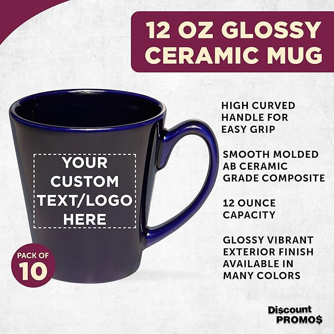 DISCOUNT PROMOS Custom Glossy Ceramic Latte Coffee Mug 12 oz. Set of 10, Personalized Bulk Pack - Perfect for Tea, Espresso, Cappuccino, Hot Cocoa - Blue