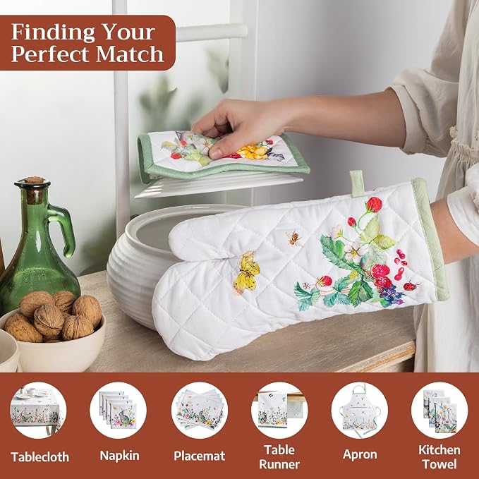 Maison d' Hermine 100% Cotton Oven Mitt & Pot Holder Set (7.5"x13" & 8"x8") | Heat Resistant BBQ Cooking Gloves with Loop Baking Grilling Kitchen Hotel Home Farmhouse Spring Summer - Printemps