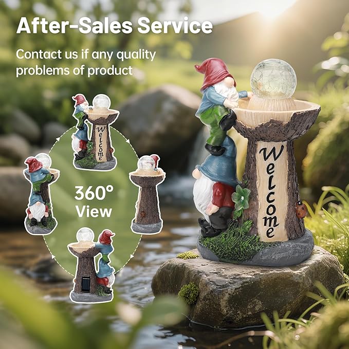 Solar Gnome Statue with Glowing Globe Light,Weatherproof Resin Garden Figurine Decor Auto On/Off - for Patio,Yard & Housewarming Gift (Reminder: IT is NOT A Real Fountain)