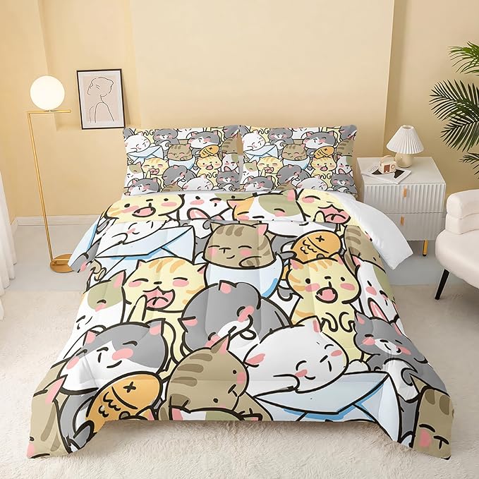Kawaii Cat Comforter Queen Size,Cute Cat Comforter Set for Kids Teens Girls,3Pcs Bedding Set Printed Comforter with 2 Pillowcases,Down Alternative,Soft and Lightweight，Queen Size