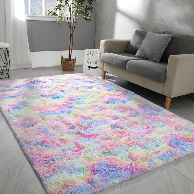 5x8 Large Area Rugs for Living Room, Super Soft Fluffy Modern Bedroom Rug, Tie-Dyed Rainbow Indoor Shag Fuzzy Carpets for Girls Kids Nursery Room Home Decor