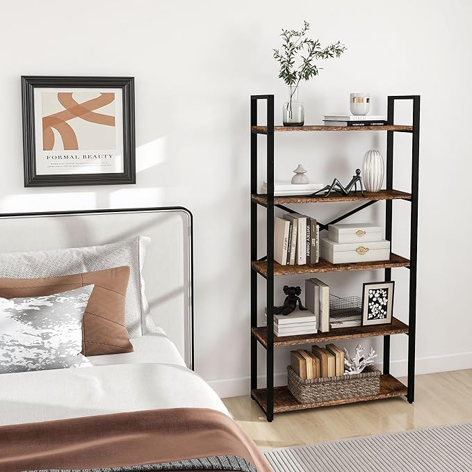 5 Tier Bookshelf Rustic Industrial Style, Storage Shelves, Metal Book Shelves Bookcase Book Shelf Display Shelf for Home Office, Living Room, Bedroom, Kitchen (31.5" W, Brown)