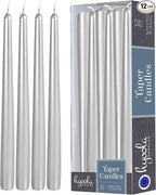 Hyoola 12 Pack Tall Metallic Taper Candles - 10 Inch Silver Metallic, Dripless, Unscented Dinner Candle - Paraffin Wax with Cotton Wicks