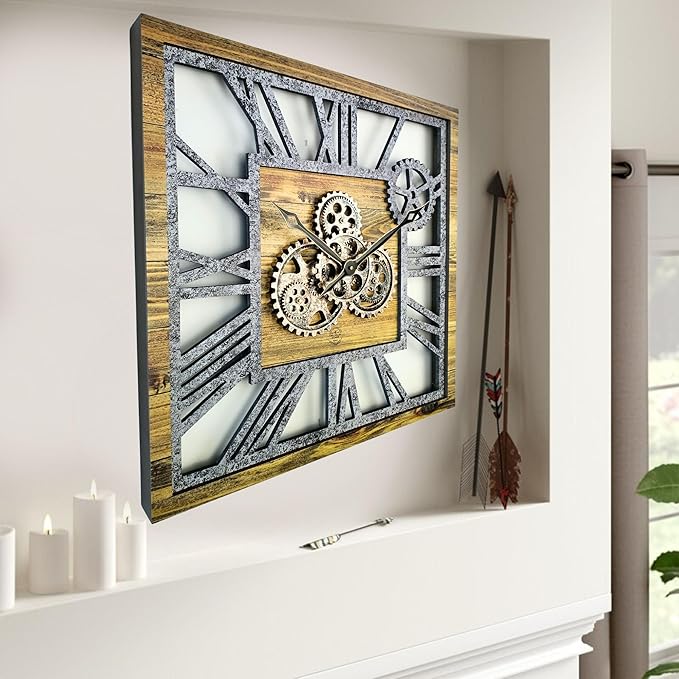 The Gears Clock 24'' Inch Square Real Moving Gear Wall Clock Vintage Industrial Oversized Rustic Farmhouse (Wood and Stone)