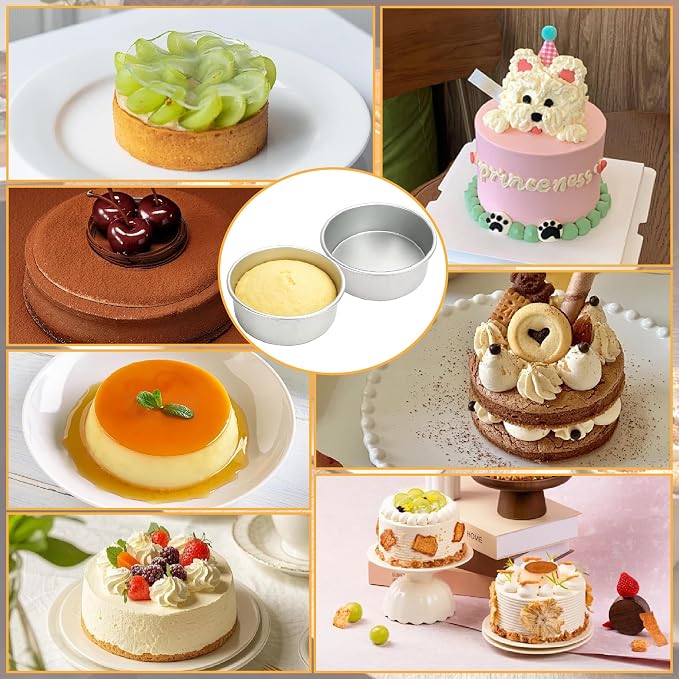 Round Cake Pans Set - 4 Inch Aluminum Nonstick Mini Cake Tins With 50 Parchment Liners & 2 Demold Tool for Diy Baking Cakes Cheesecake Tiered Cakes