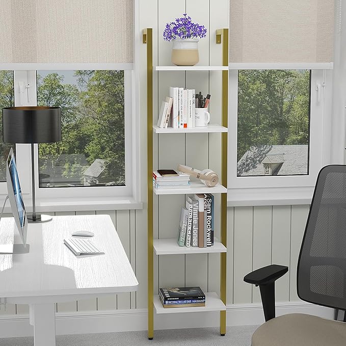 YMYNY 5 Tiers Ladder Bookcase, Industrial Wall Mounted Bookshelf, Open Display Rack with Metal Frame, Wooden Storage Shelves for Bedroom, Home Office, Living Room, White+Gold, 70*17.3*11.8"UHBC015W