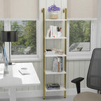 YMYNY 5 Tiers Ladder Bookcase, Industrial Wall Mounted Bookshelf, Open Display Rack with Metal Frame, Wooden Storage Shelves for Bedroom, Home Office, Living Room, White+Gold, 70*17.3*11.8"UHBC015W