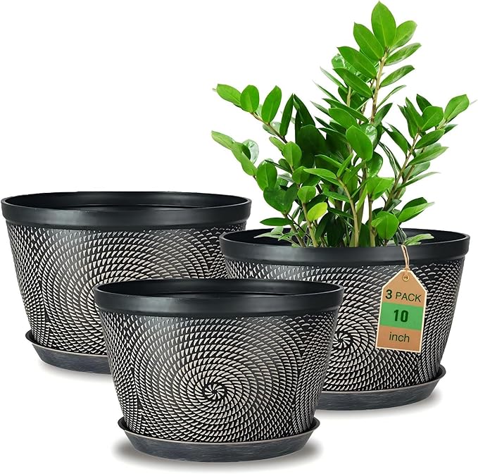 Quarut 10 Inch Flower Pots for Outdoor Indoor, 3 Pack Plastic Plant Pots with Drainage Hole & Tray, Modern Decorative Garden Pot with Saucer, planters for House (Black Copper)