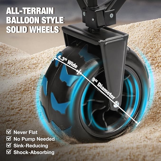 REDCAMP Collapsible Beach Wagon with 9" Big Wheels for Sand, 450lb Heavy Duty Foldable Beach Cart with All-Terrain Balloon Style Foam Wheels for Gravel, Sand, Camping, Groceries, Garden