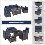 Patio Furniture Sectional Sofa Set 7-Pieces PE Rattan Patio Conversation Set w/43in Gas Fire Pit Table, Outdoor Furniture with 55000 BTU Propane Fire Pit, Navy Blue
