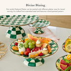 MACKENZIE-CHILDS Enamel Pedestal Platter, Round Cake Stand, Small, Green-and-White Emerald Check