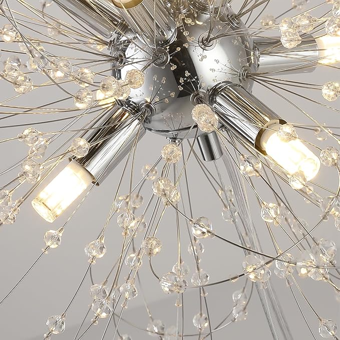 Modern Small Chandeliers, Sputnik Sunflower Crystal Beaded Hanging Lamps, Round Chrome Dandelion Pendant Light for Kitchen Island Bathroom Bedroom Entryway (Chrome 8Lights)
