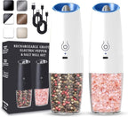 UNNEES Rechargeable Electric Salt and Pepper Grinder set of 2, gravity electric salt and pepper grinder set, Adjustable Roughness, LED Light, 2 Pack, (White)