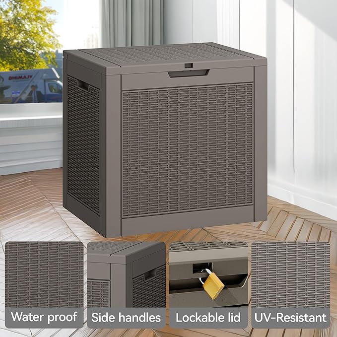 NUNU LAB 30 Gallon Waterproof Resin Deck Box, Lockable Outdoor & Indoor Storage Bench for Patio Cushions, Garden Tools, Pool Accessories & Package Deliveries – Grey