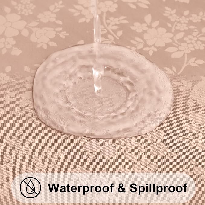 Smiry Round Waterproof Heavy Duty Vinyl Tablecloths, 60 x 60 Inch | Wipeable Washable Floral Embossed Table Cover for Kitchen and Dining Room, Indoor & Outdoor Use, Tan