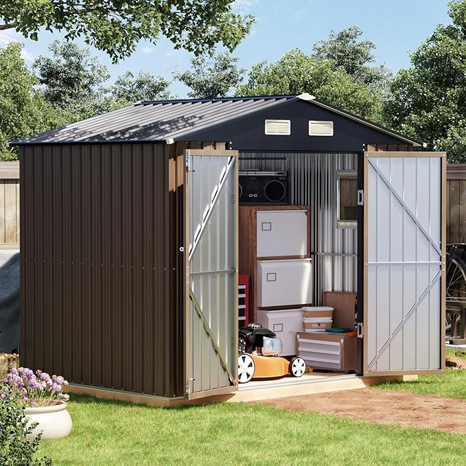6x8FT Outdoor Metal Storage Shed, Double Door, 1 Clear Window, Tool Shed for Garden, Patio, Backyard Brown