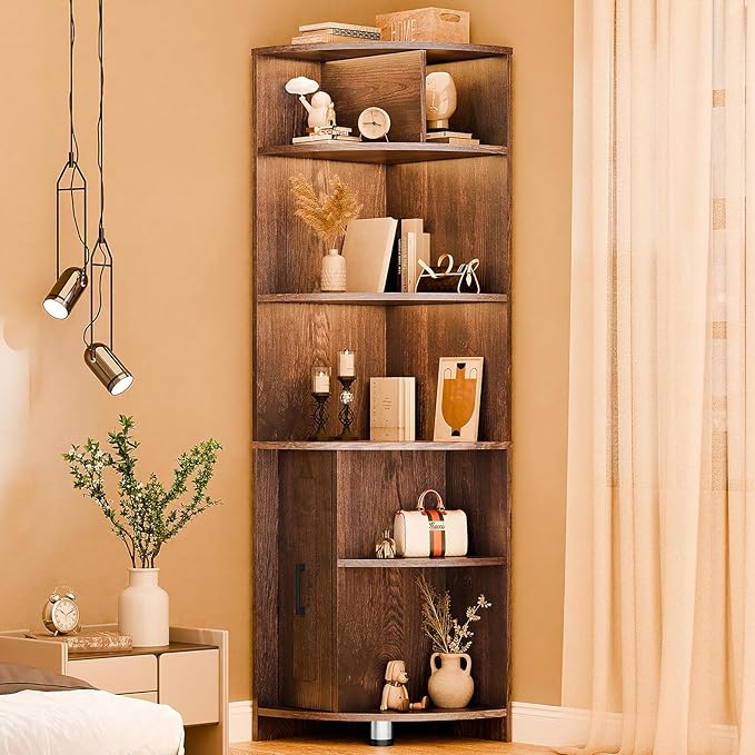 6 Tier Corner Shelf with Drawer, Corner Bookshelf and Corner Bookcase Corner Display Storage Cabinet Stand for Living Room, Bedroom, Office, Small Space, Black Walnut