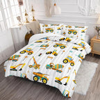 Axolotl Yellow Excavator Comforter Set Queen Size,Cartoon Excavator Bedding Set,Kids Machinery Truck Comforte Set,White Stripe Bedding Vehicle Car Decor for Kids Boys Teens,1 Quilt 2 Pillowcases