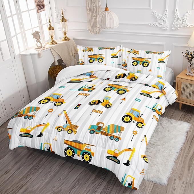 Axolotl Yellow Excavator Comforter Set Queen Size,Cartoon Excavator Bedding Set,Kids Machinery Truck Comforte Set,White Stripe Bedding Vehicle Car Decor for Kids Boys Teens,1 Quilt 2 Pillowcases