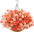 Artificial Fall Flowers Fake Hanging Plants Flowers Basket for Outdoors Autumn Decoration, Silk Morning Glory with Eucalyptus Look Real UV Resistant Faux Flowers for Outside Porch Patio Balcony, Mix