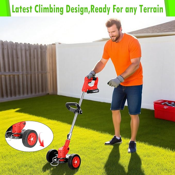 Weed Wacker Cordless Adjustable Weed Eaters 3 in 1 Electric String Trimmer Lawn with Two Battery with Charger Comes with Multiple Blades for Yard,Green,Garden(Red)