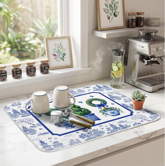 Chinese Blue White Dish Drying Mat for Kitchen Counter Coffee Bar 18x24 in | Chinese Aesthetic Non Slip Absorbent Kitchen Dishes Drainer Mat, with Anti-slip Rubber Backing & Hanging Loop, for Sink