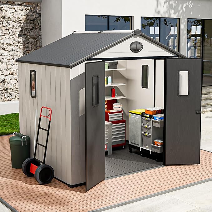 8x8 Resin Outdoor Storage Shed with Floor, Plastic Tool Shed for Gardening, Patio, and Deck, White/Gray