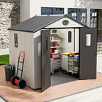 8x8 Resin Outdoor Storage Shed with Floor, Plastic Tool Shed for Gardening, Patio, and Deck, White/Gray