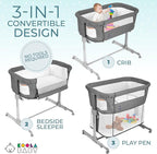 3 in 1 Baby Bassinet, Bedside Sleeper, & Playpen, Easy Folding Portable Crib (Grey)- KoolaBaby (Bassinet)