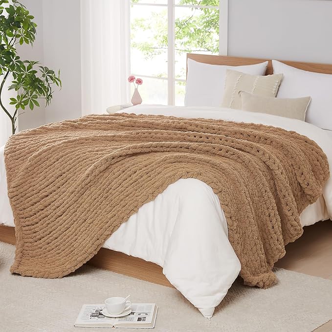 L'AGRATY Chunky Knit Blanket Throw: 60''x80'' Chenille Chunky Knitted Throw Blanket for Bed Couch - Handmade Thick Big Cable Knit Blanket - Large Crochet Rope Blanket for Home Decor(Tan)