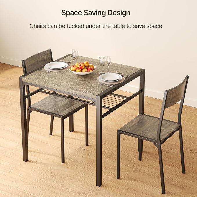 Gizoon 3-Piece Dining Table Set for 2, Small Kitchen Table & Chairs Grey | Compact grey 2-person dining set perfect for apartments. Features under-table storage rack and 2 chairs that tuck away.