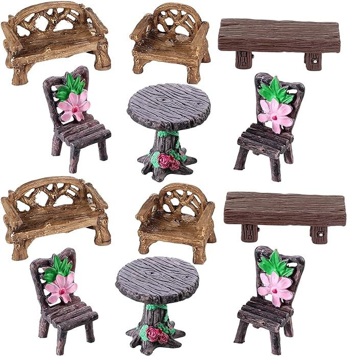 Skylety 12 Pieces Garden Furniture Ornaments Miniature Table and Chairs Set Village Micro Resin Bench Chair for Dollhouse Accessories Home Micro Landscape (Cute Style)