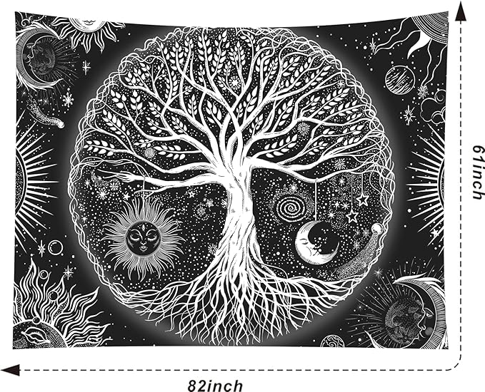 FORATER Tree of Life Tapestry Wall Hanging, Sun and Moon Aesthetic Wall Tapestry Black and White Tapestries Home Decor for Living Room Bedroom(61 x 82 Inch, Black and White)