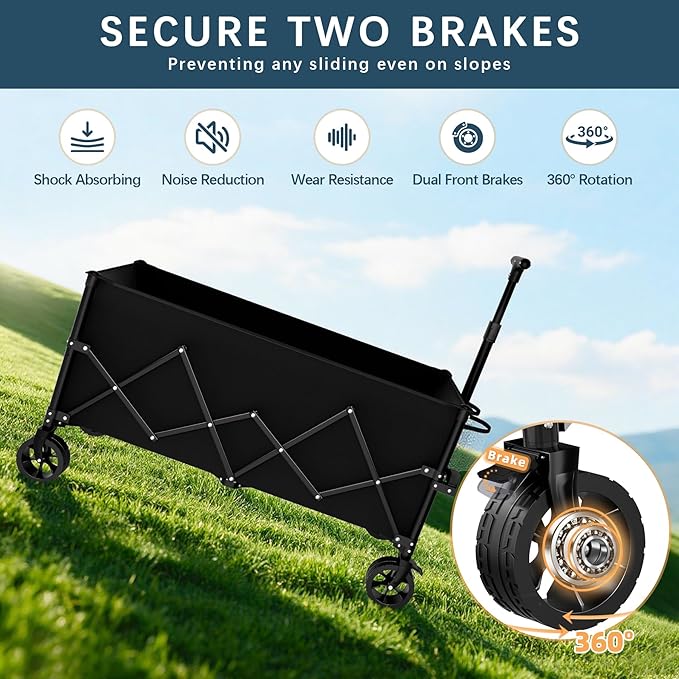 Favoyard Extra Large Collapsible Wagon Carts Foldable 220L & 360LBS Folding Wagons w/All-Terrain Wheels & Brakes Portable Utility Shopping Cart for Beach Grocery Sports Garden Camping Outdoor, Black