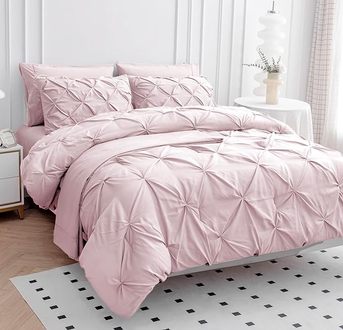 Lane Linen King Size Comforter Set, 7 Piece King Bedding Set, Pintuck King Bed in a Bag Set, King Size Pink Bed Set, Pinch Pleated King Size Comforter Set with Sheets, Pillowcases & Shams - Sepia Rose