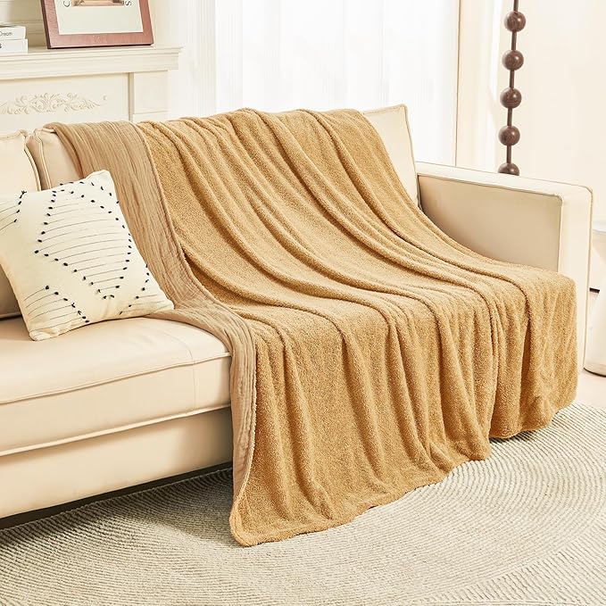EMME Muslin and Fleece Queen Blanket Reversible - 80"*90" Beige Soft Warm Throw Blankets for Couch Bed Picnic Travel Bed